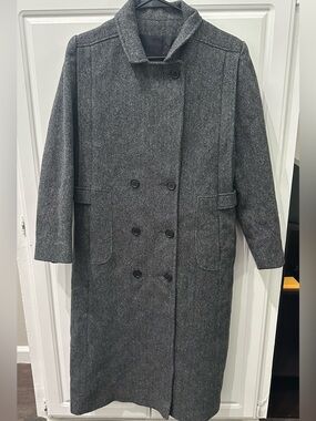 Vintage Central Park Gray Herringbone Wool Long Coat